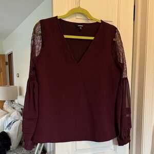 Express Burgundy V-Neck Blouse with Lace Sleeves